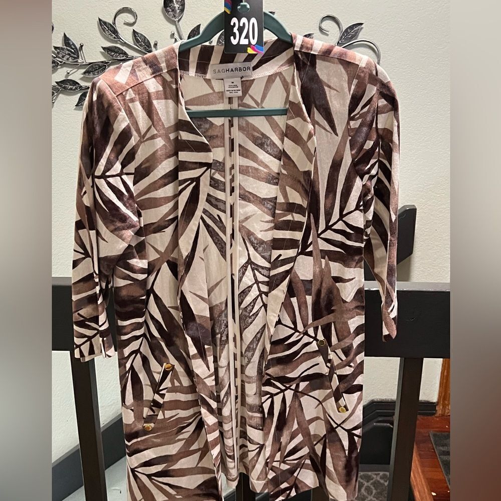 SAG Harbor Medium Brown and White Abstract Open Cardigan #320